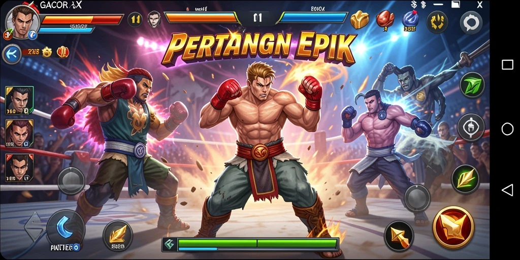 Screenshot GACORX menampilkan aksi pertarungan intens dalam arena.