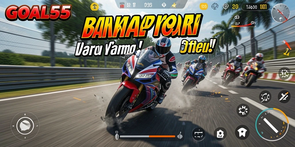 Screenshot gameplay GOAL55 yang menunjukkan aksi balap motor yang intens.