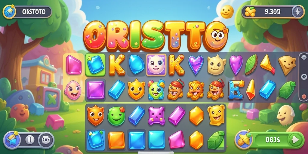 Screenshot ORISTOTO menampilkan gameplay Match-3 yang seru dan penuh warna.
